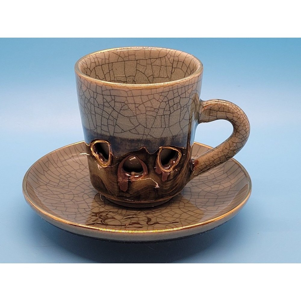 Gold Horse Somayaki Double-Wall Soma Ware Crackle Glaze Cup and Saucer.